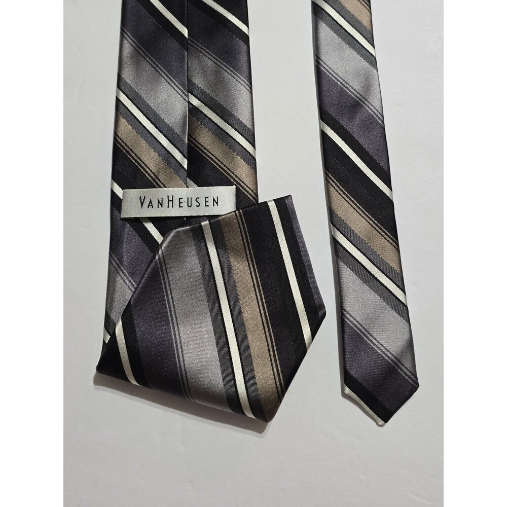 Van Hausen 100% Silk Necktie Striped Pattern Shades Of Brown, Grey & Black Tie